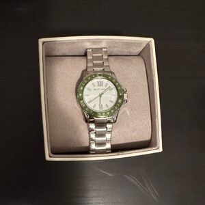 Michael Kors Silver Watch with Green Bezel and White Dial